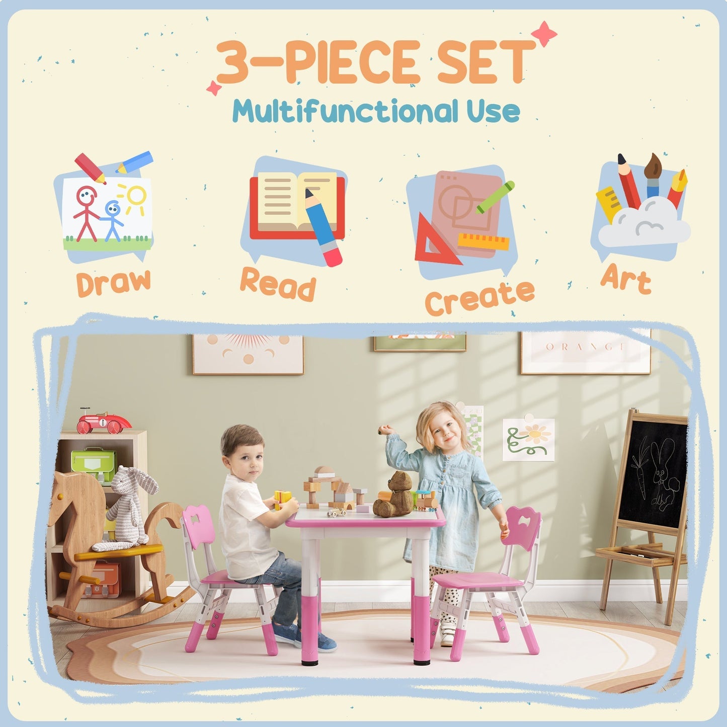 AIYAPLAY Height Adjustable Toddler Table and Chair Set, 3-Piece Children Activity Table w/ 2 Chairs for Playroom, Bedroom - Pink