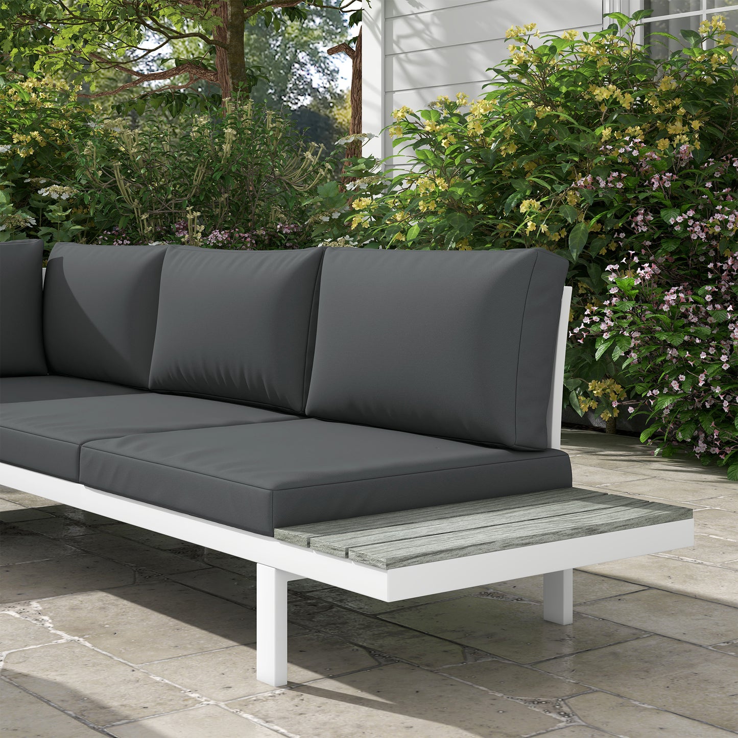 Outsunny 4 Pieces Garden Furniture Set, 5-Level Reclining Garden Corner Sofa Set, Outdoor Lounge Conversation Sectional with Cushions, Wood Effect Plastic Table, White Frame & Grey Cushion