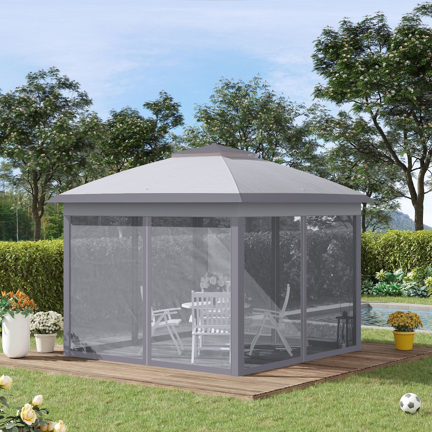 Outsunny 330cm x 330cm Pop Up Canopy, Double Roof Foldable Canopy Tent with Zipped Mesh Sidewalls, Height Adjustable and Carrying Bag, Event Tent for Patio Garden, Grey