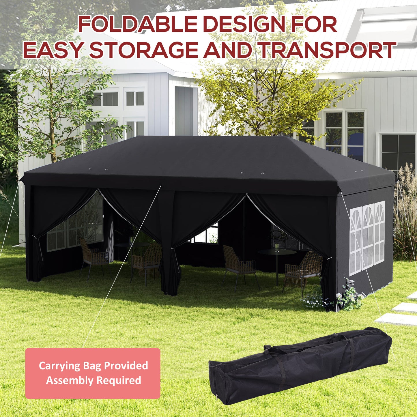 Outsunny Outsunny 3 x 6 m Garden Pop Up Gazebo, Wedding Party Tent Marquee, Water Resistant Awning Canopy with Sidewalls, Windows, Carry Bag, Grey