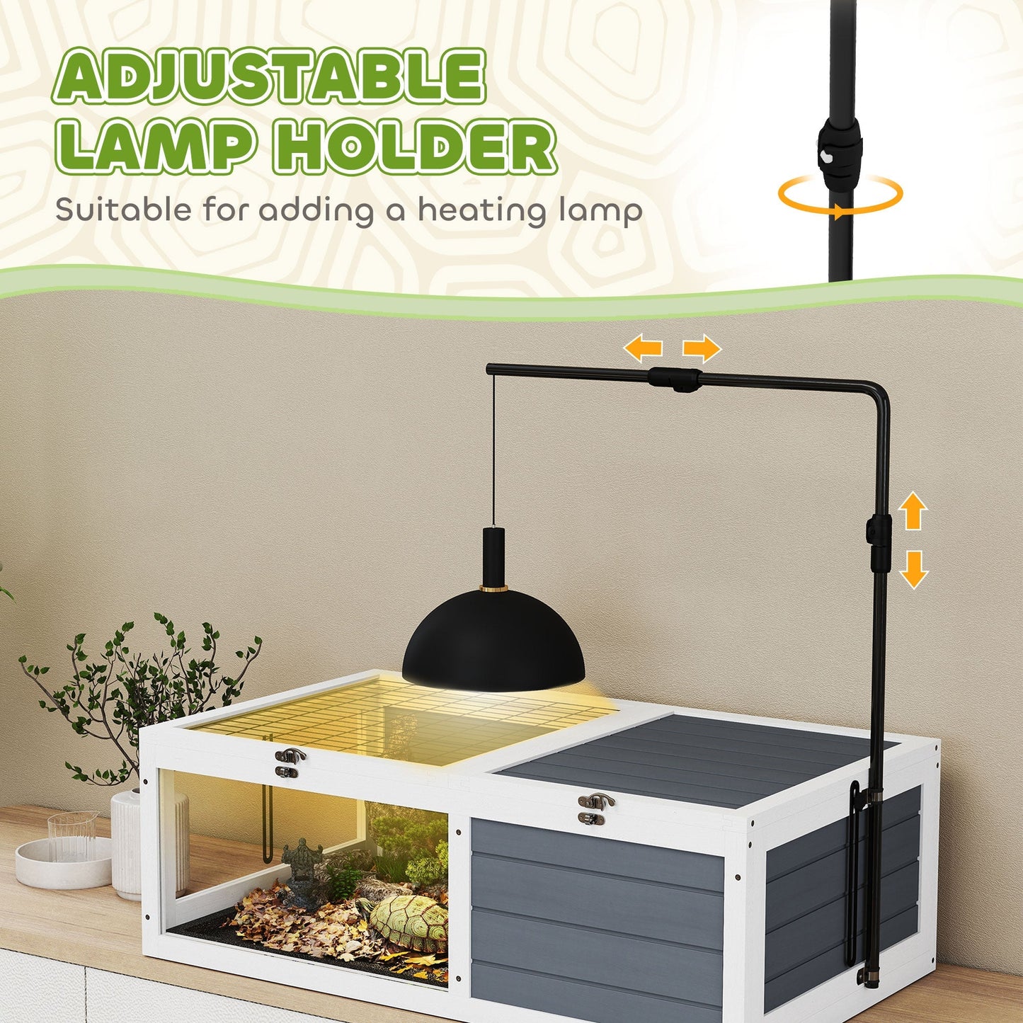 PawHut Tortoise Table with Adjustable Lamp Holder, Wooden Tortoise House w/ Openable Lids, Pull-Out Trays - Grey