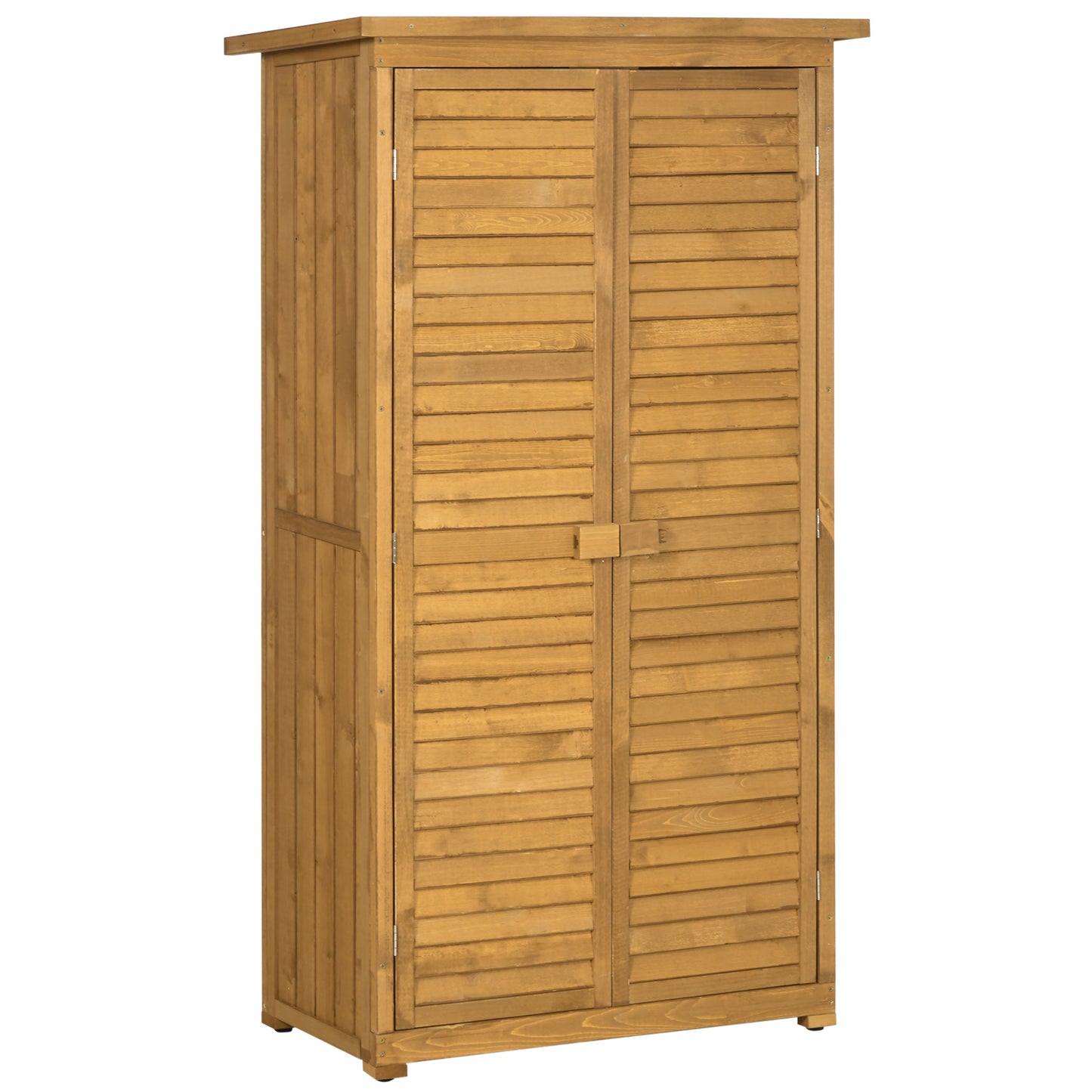 Outsunny Drewniany schowek ogrodowy, kompaktowy moduł użytkowy, 3-poziomowy organizer na narzędzia z dachem asfaltowym i konstrukcją okiennicy, 87 cm x 47 cm x 160 cm