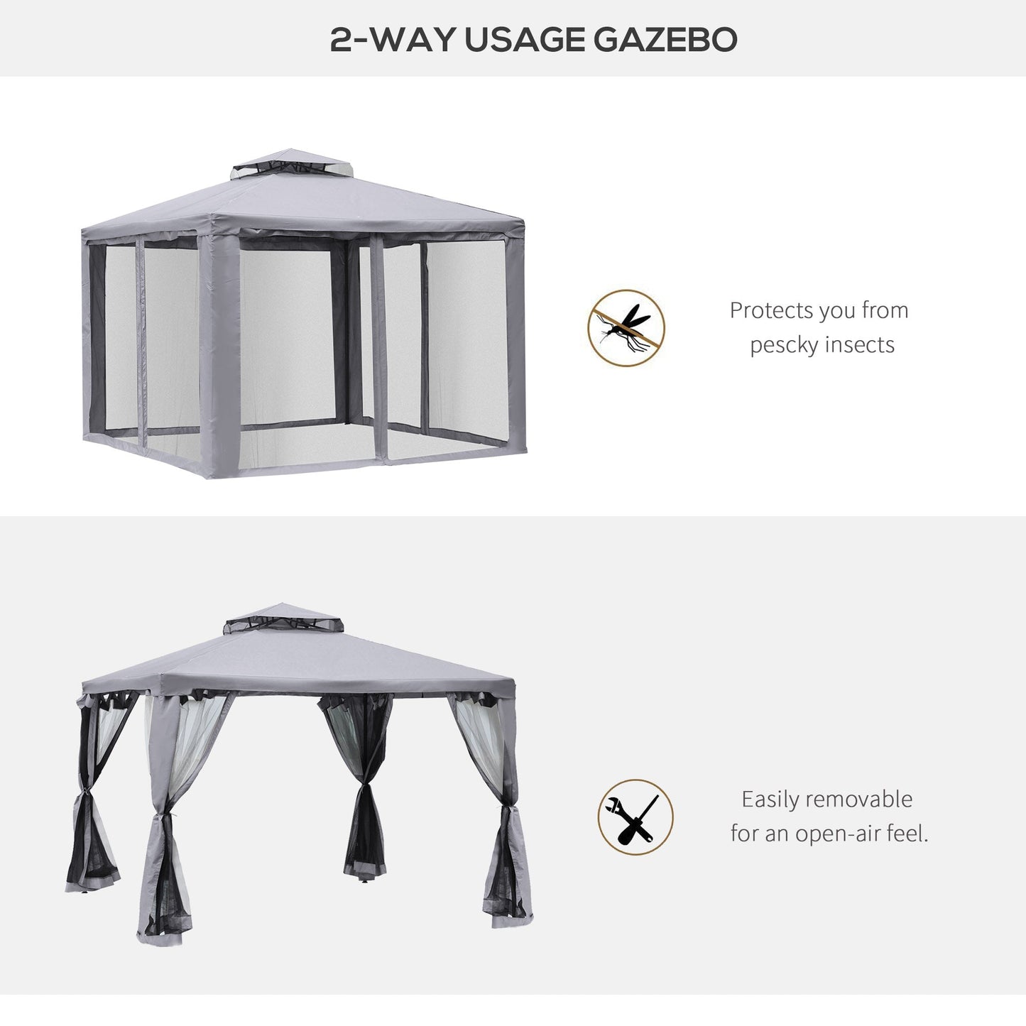 Outsunny 3 x 3 m Metal Gazebo, Garden Pavillion, Double Roof Outdoor Canopy Shelter with Mesh Sidewalls, Grey