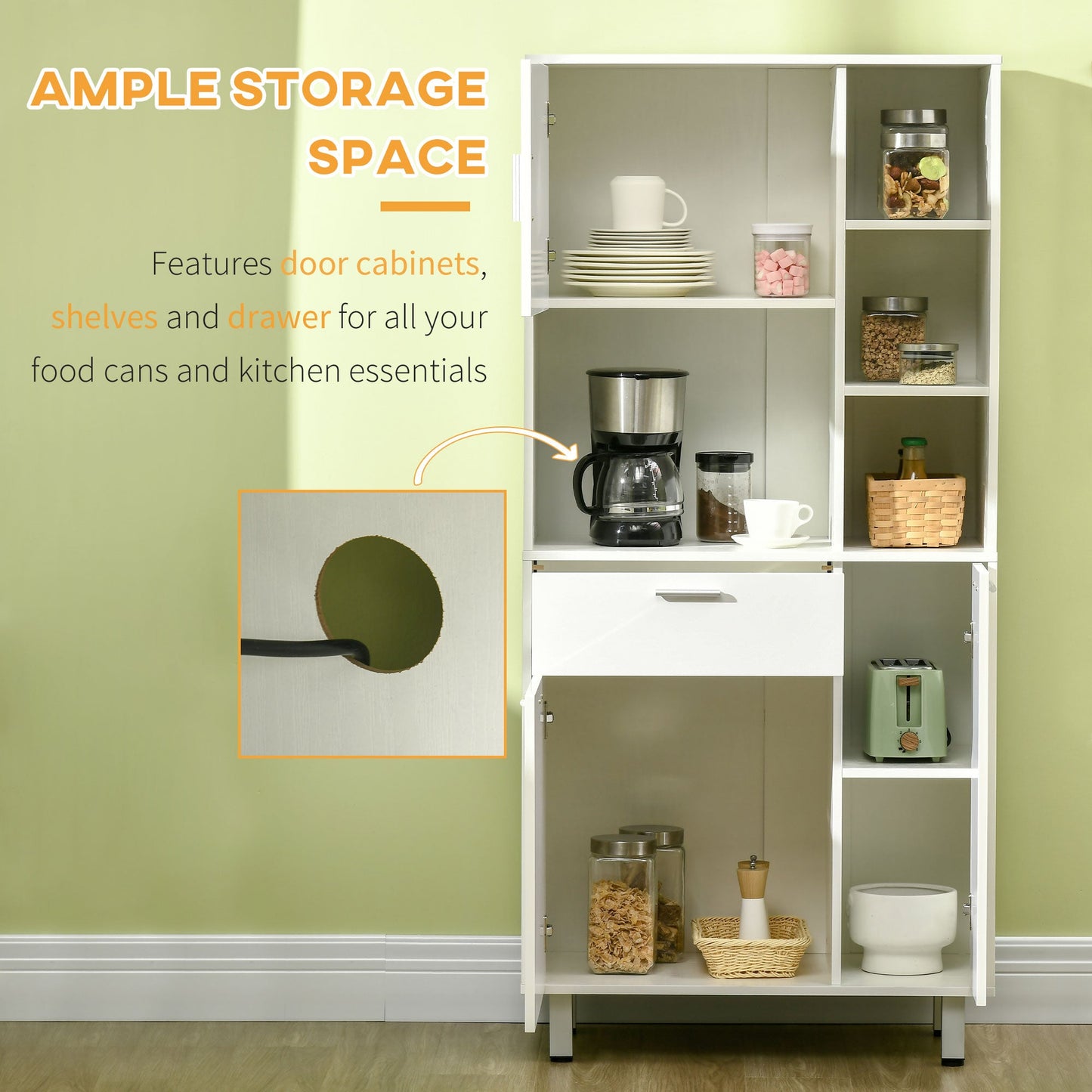 HOMCOM Kitchen Cupboard, Modern Kitchen Storage Cabinet with Shelves and Drawer, Free Standing Kitchen Units, 166Â cm, White