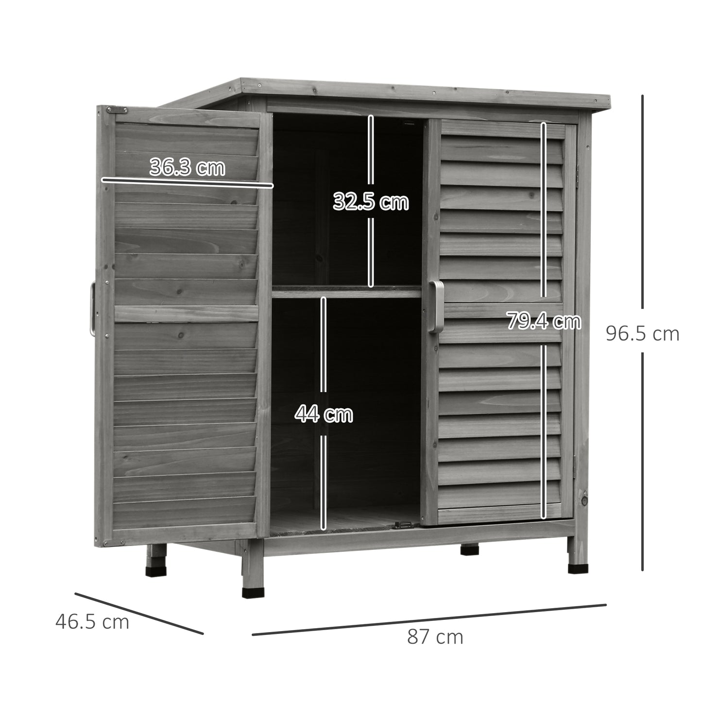 Outsunny Garden Shed Drewniana szopa ogrodowa z 2 drzwiami, szafka na narzędzia, lite drewno jodłowe, 87 dł. x 46,5 szer. x 96,5 wys. cm, kolor szary