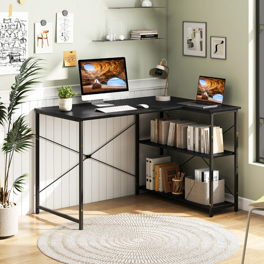 L-shaped Computer Desk Reversible Corner Desk with Adjustable Shelf-Black