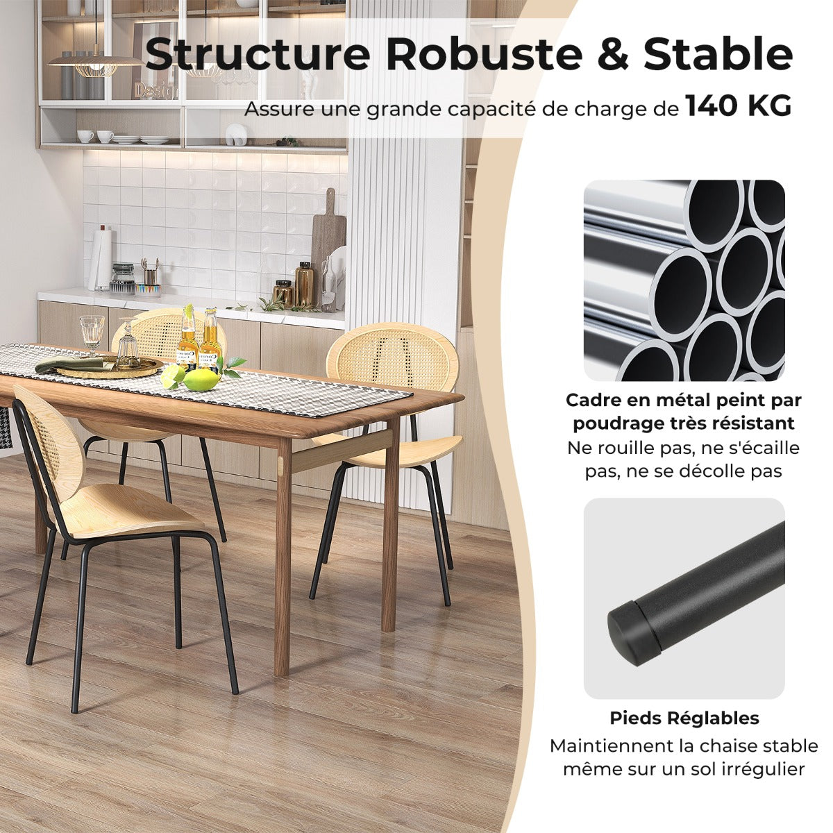 Rattan Dining Chair Set of 2 with Metal Legs and Plywood Seat-Natural