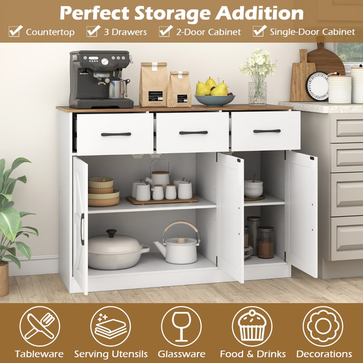 108cm Large Sideboard Storage Cabinet with Adjustable Shelves and Doors-White