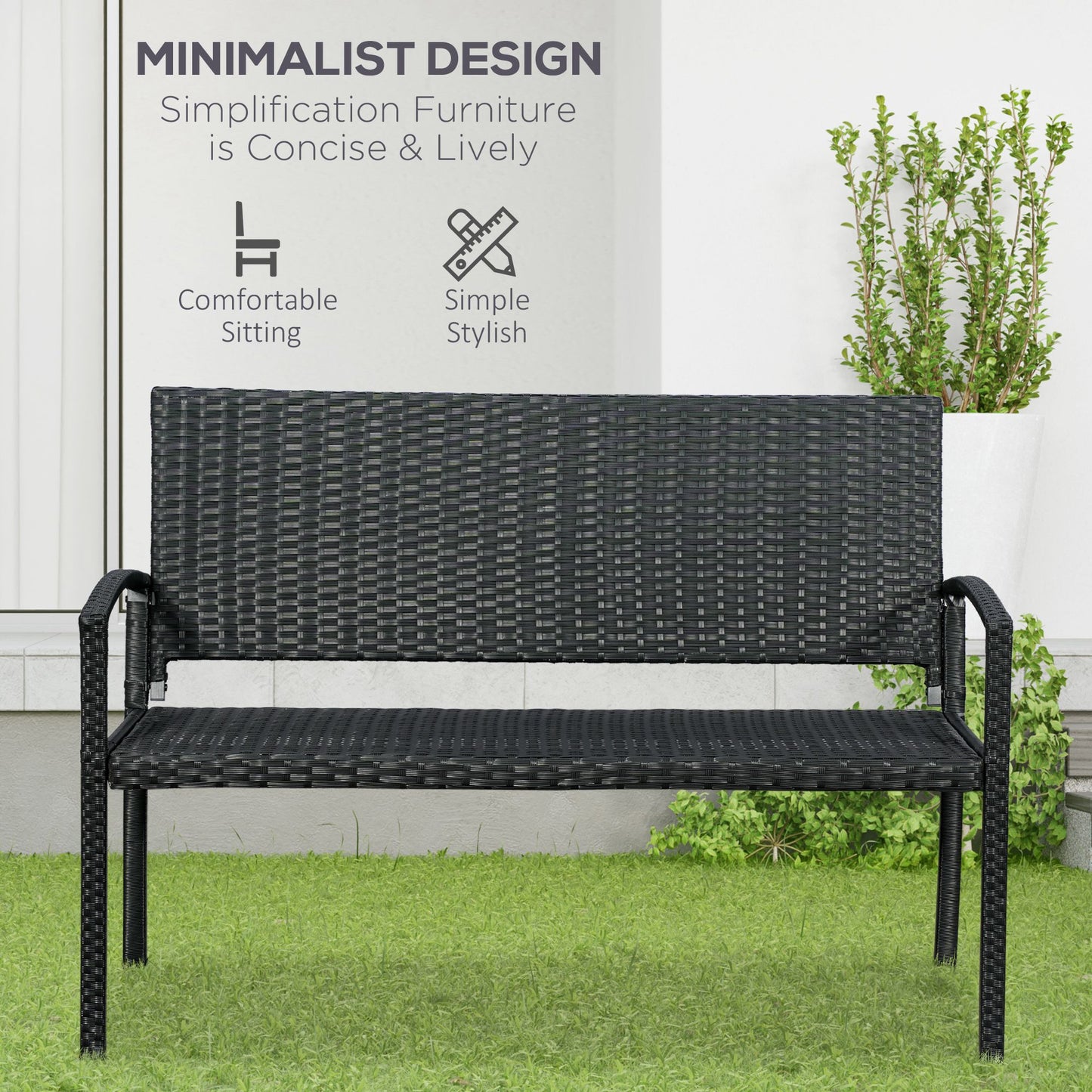 Outsunny Patio Rattan 2-osobowa ławka ogrodowa z wikliny pleciona kanapa z fotelem ogrodowym krzesło ogrodowe w kolorze czarnym