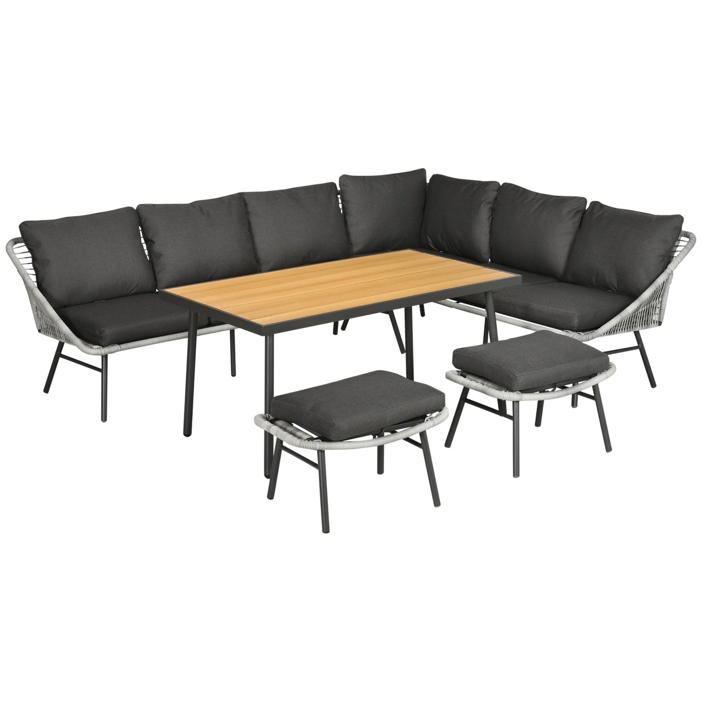 Zestaw mebli ogrodowych Outsunny 6 Seater z rattanu z sofą, podnóżkiem i stolikiem kawowym z drewna i plastiku, 193x72x75 cm, szary