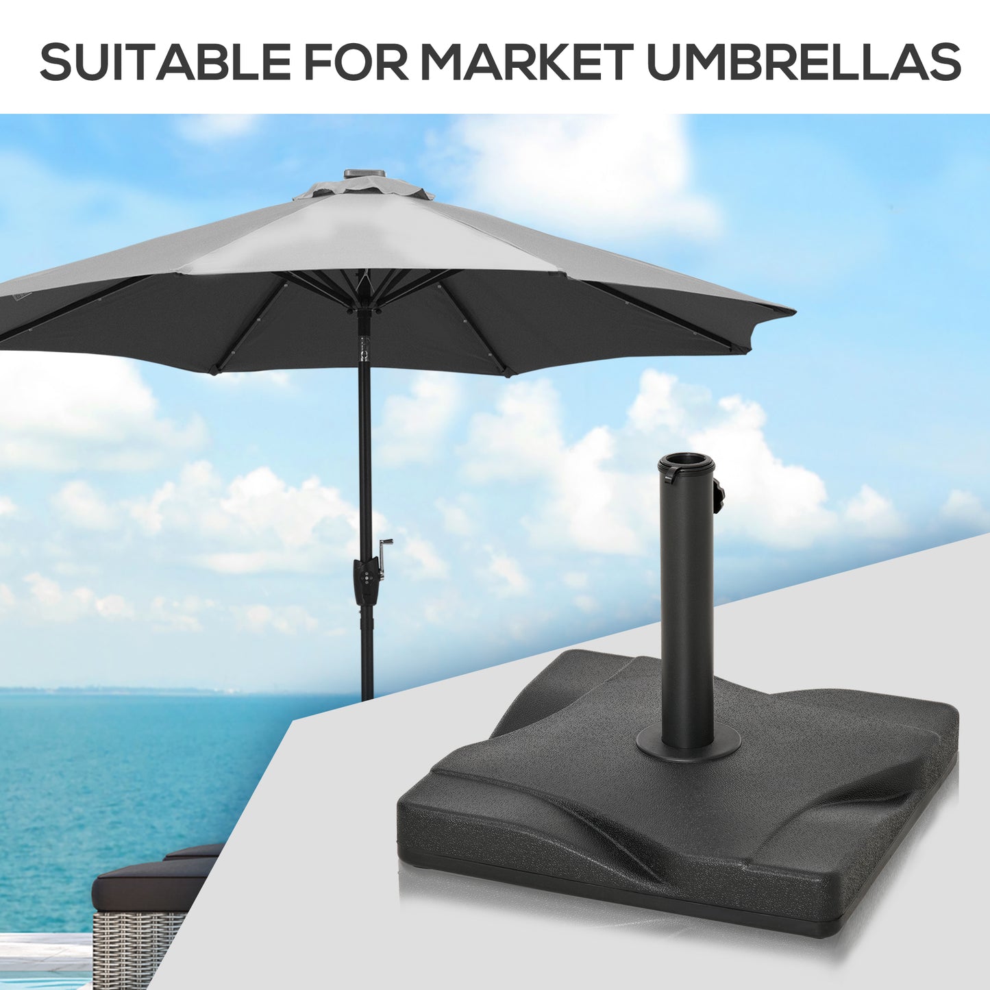 Outsunny 20kg Square Parasol Base Outdoor Garden Cement Umbrella Weight Stand Holder, Fits â32mm,â38mm,â48mm Pole - Black