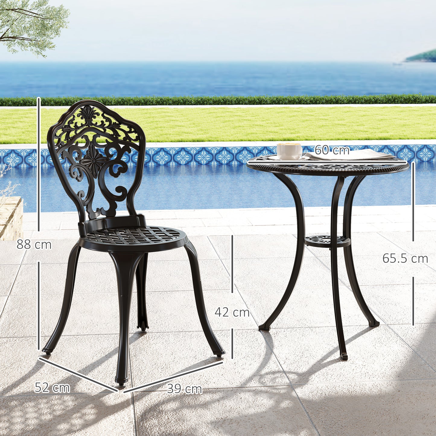 Zestaw bistro Outsunny z trzema elementami aluminiowymi w kwiaty – czarny