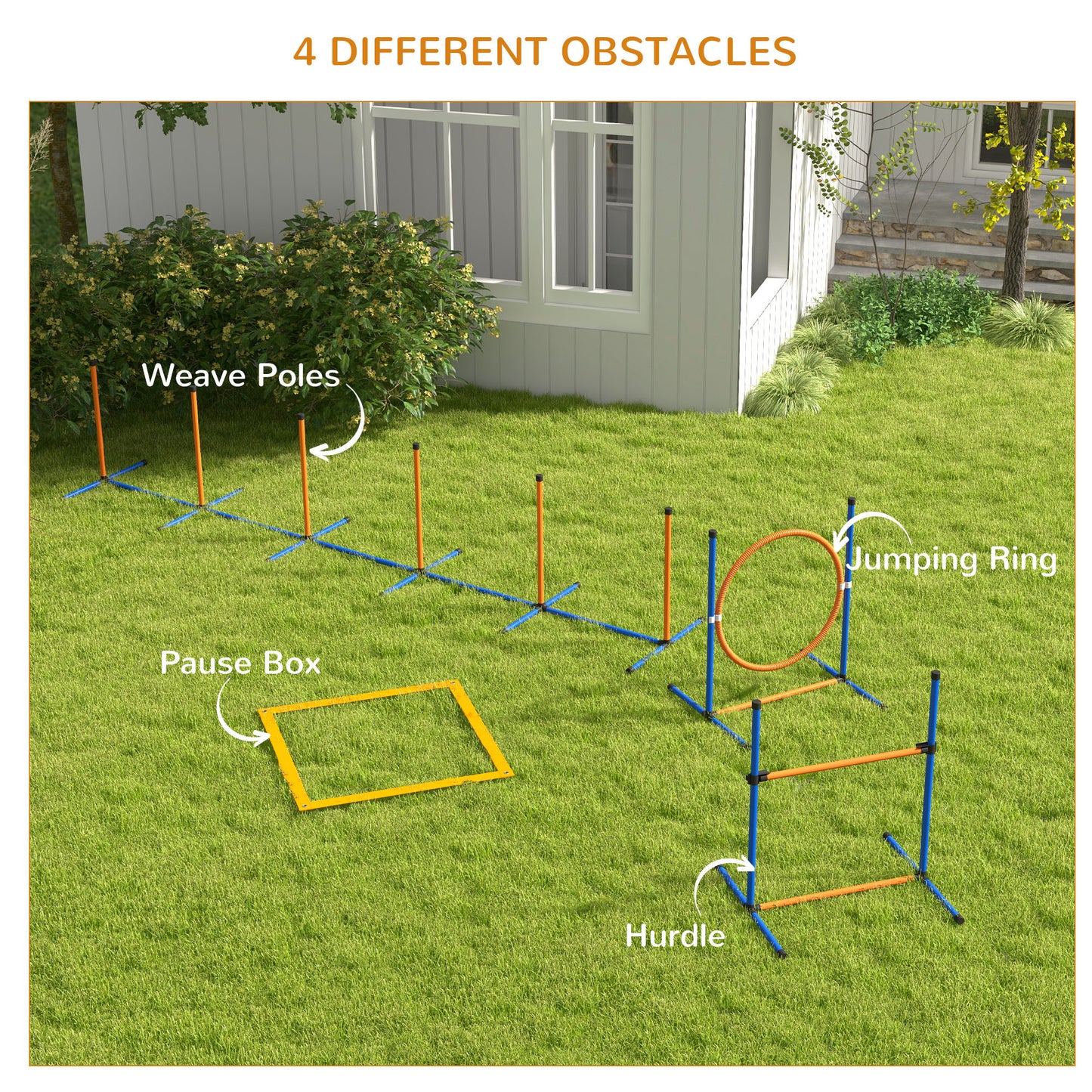 PawHut Eight-Piece Dog Agility Equipment Set with Weave Poles, Jump Ring, Hurdle, Pause Box, Training Shorts, Bag, Orange