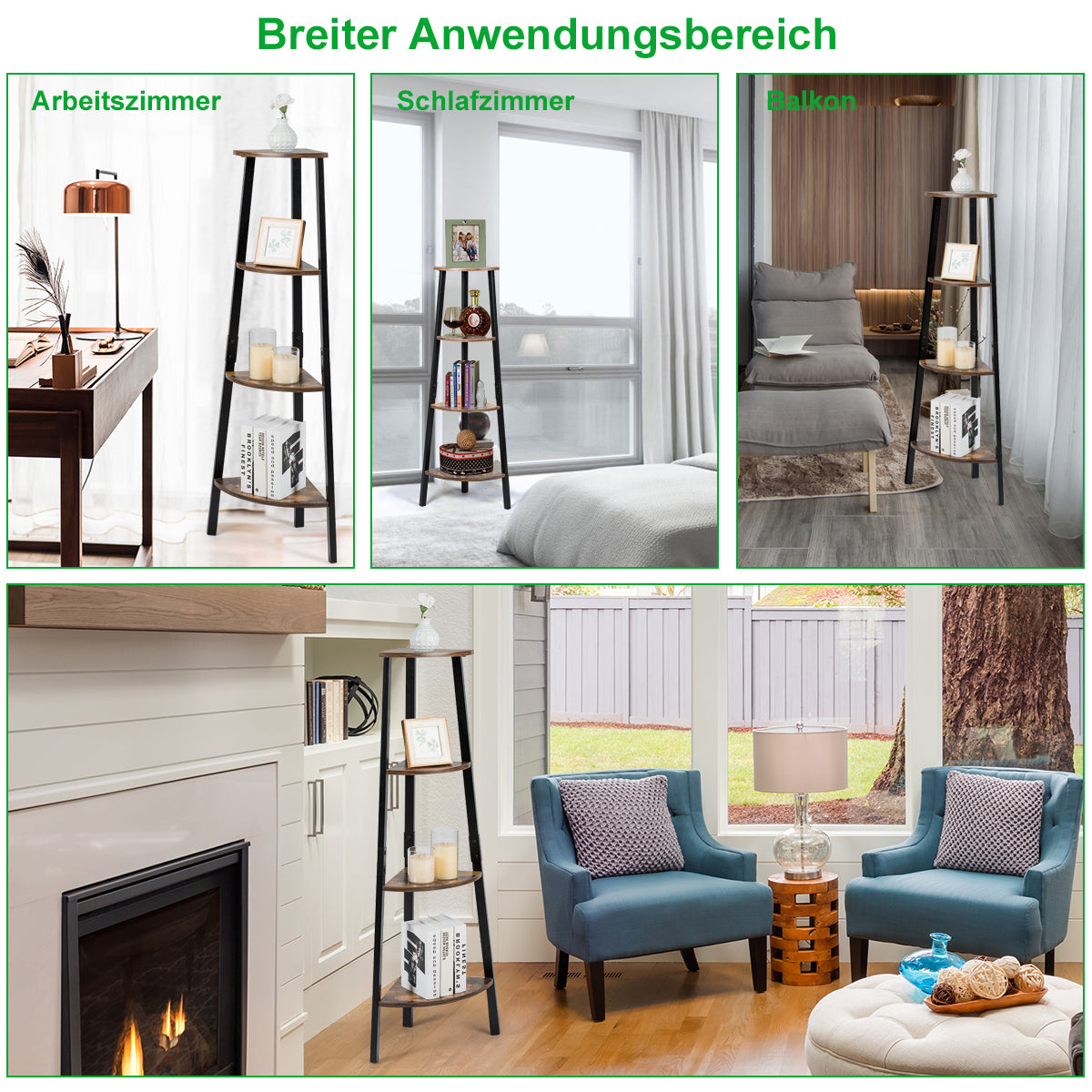 4-Tier Corner Ladder Shelf with Heavy-duty Metal Frame and Anti-toppling Device-Rustc Brown