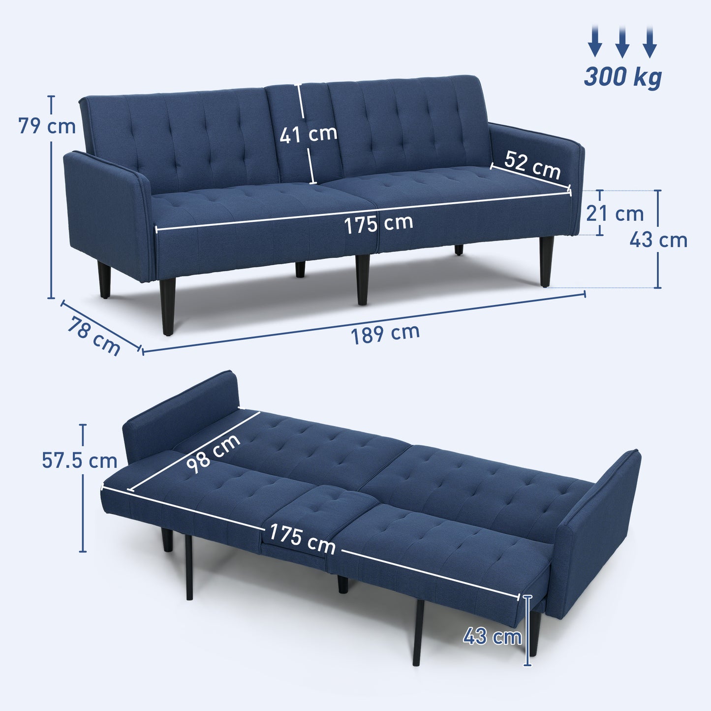 HOMCOM Upholstered Click Clack Sofa Bed, Linen-Feel 3 Seater Sofa Bed with Storage and Cupholders, Dark Blue