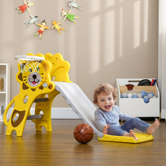 AIYAPLAY Baby Slide with Basketball Hoop, Climber, Easy to Assemble Kids Slide for Indoor Use, for Ages 18-36 Months - Yellow