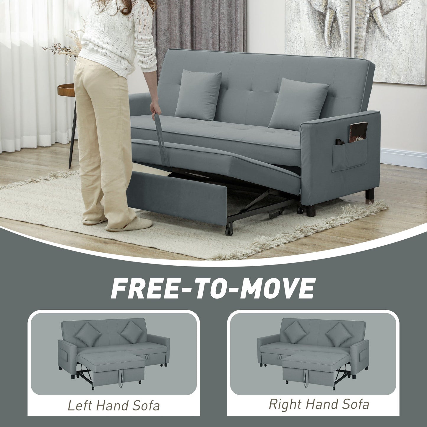 HOMCOM Trzyosobowa sofa rozkładana Velvet-Feel - Szara