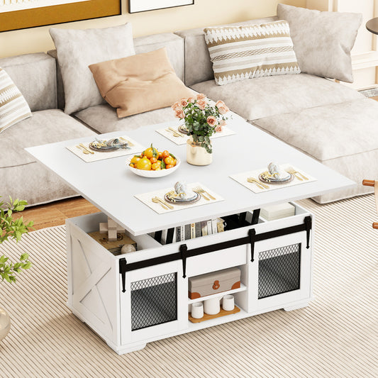 Lift Top Coffee Table with 2 Sliding Barn Doors and Open Shelves-White