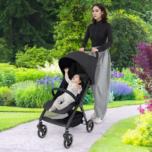 Lightweight Foldable Baby Stroller with Adjustable Backrest and Canopy-Black