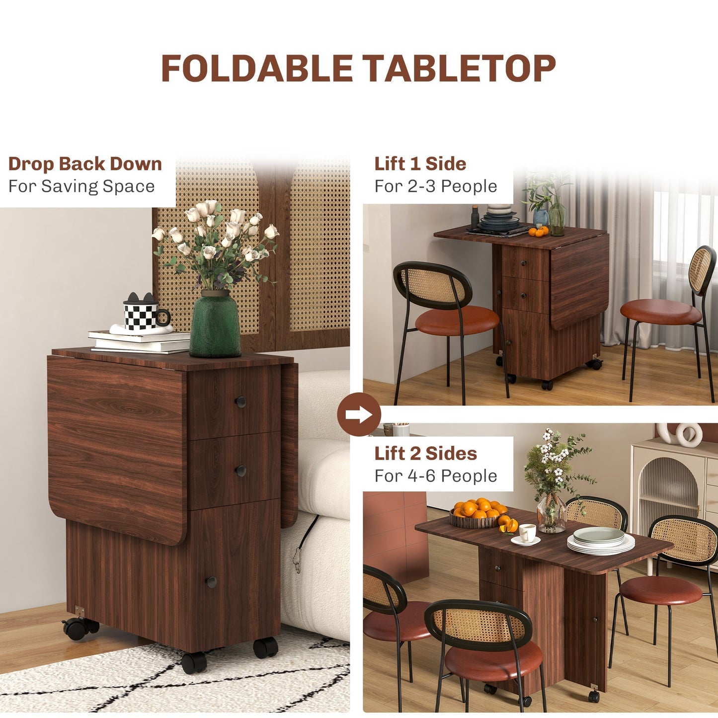 HOMCOM Multi-Storage Six-Person Drop Leaf Dining Table - Distressed Brown