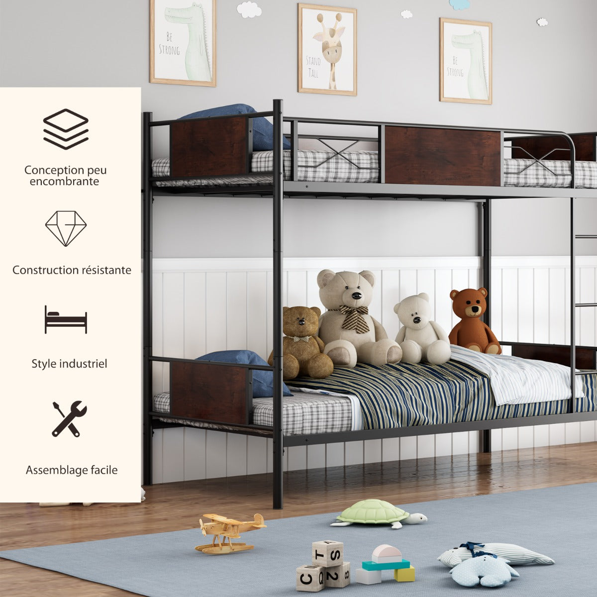 Convertible Metal Bunk Bed Frame with Ladder and Safety Guardrail