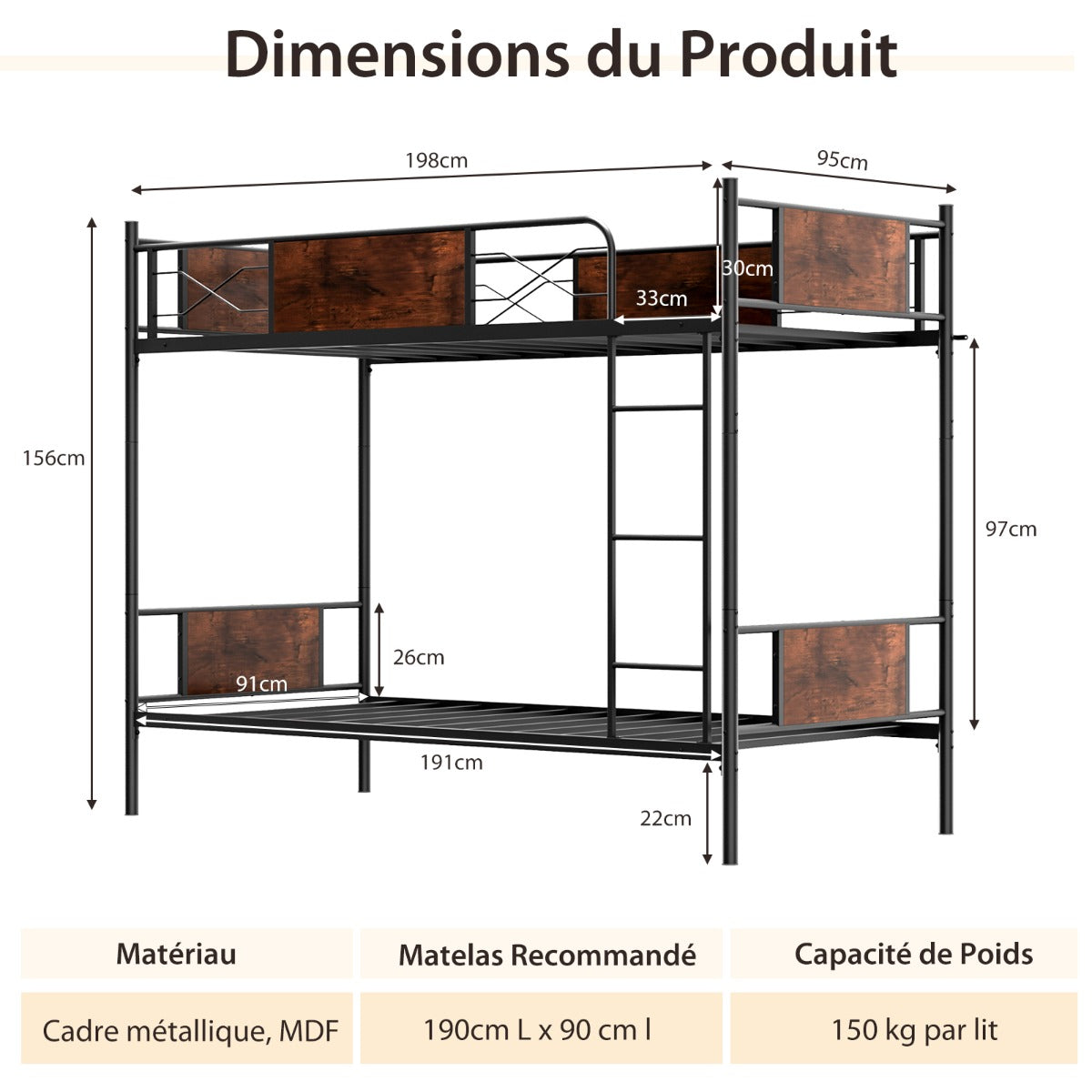 Convertible Metal Bunk Bed Frame with Ladder and Safety Guardrail