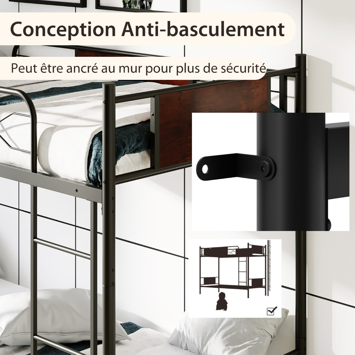 Convertible Metal Bunk Bed Frame with Ladder and Safety Guardrail