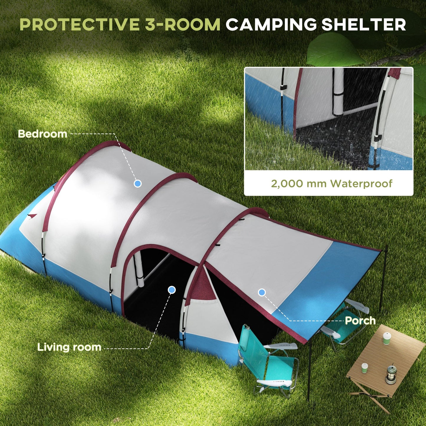 Outsunny Camping Tent, duży namiot tunelowy z sypialnią i częścią dzienną, 2000 mm wodoodporności, przenośny z torbą dla 2-3 osób, czerwony