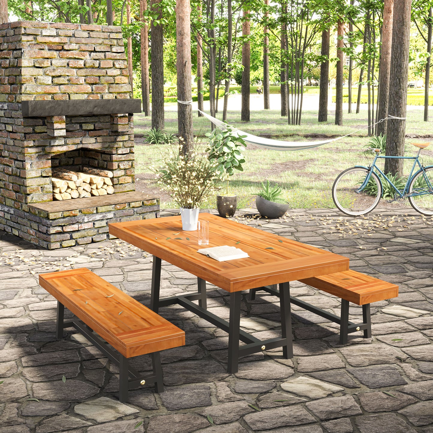 Outsunny Garden 3-częściowy stół piknikowy z drewna akacjowego i 2 ławki zestaw jadalny stolik piwny patio meble ogrodowe i do wnętrz