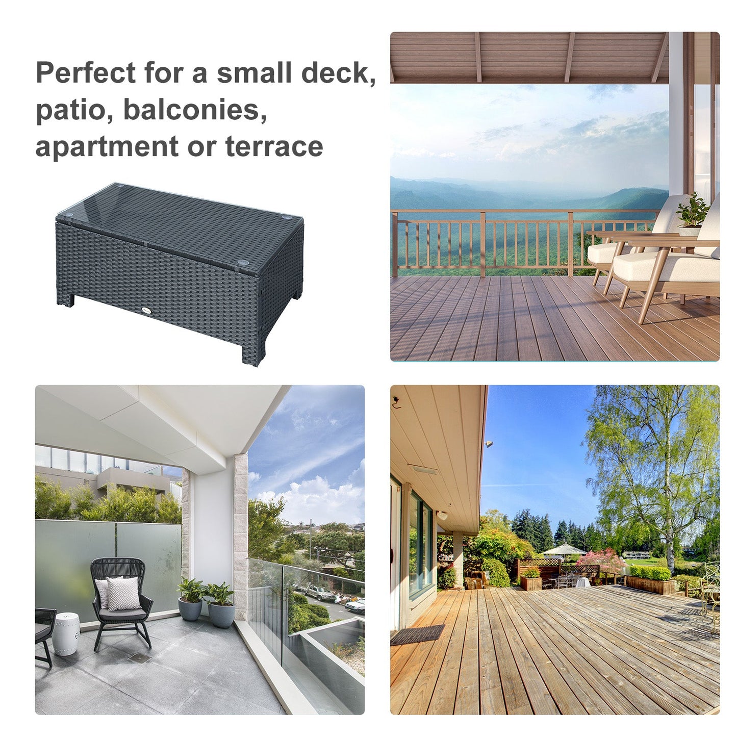 Outsunny Outdoor PE Rattan Coffee Table, Rectangular Garden Tea Table w/ Tempered Glass Top, Black