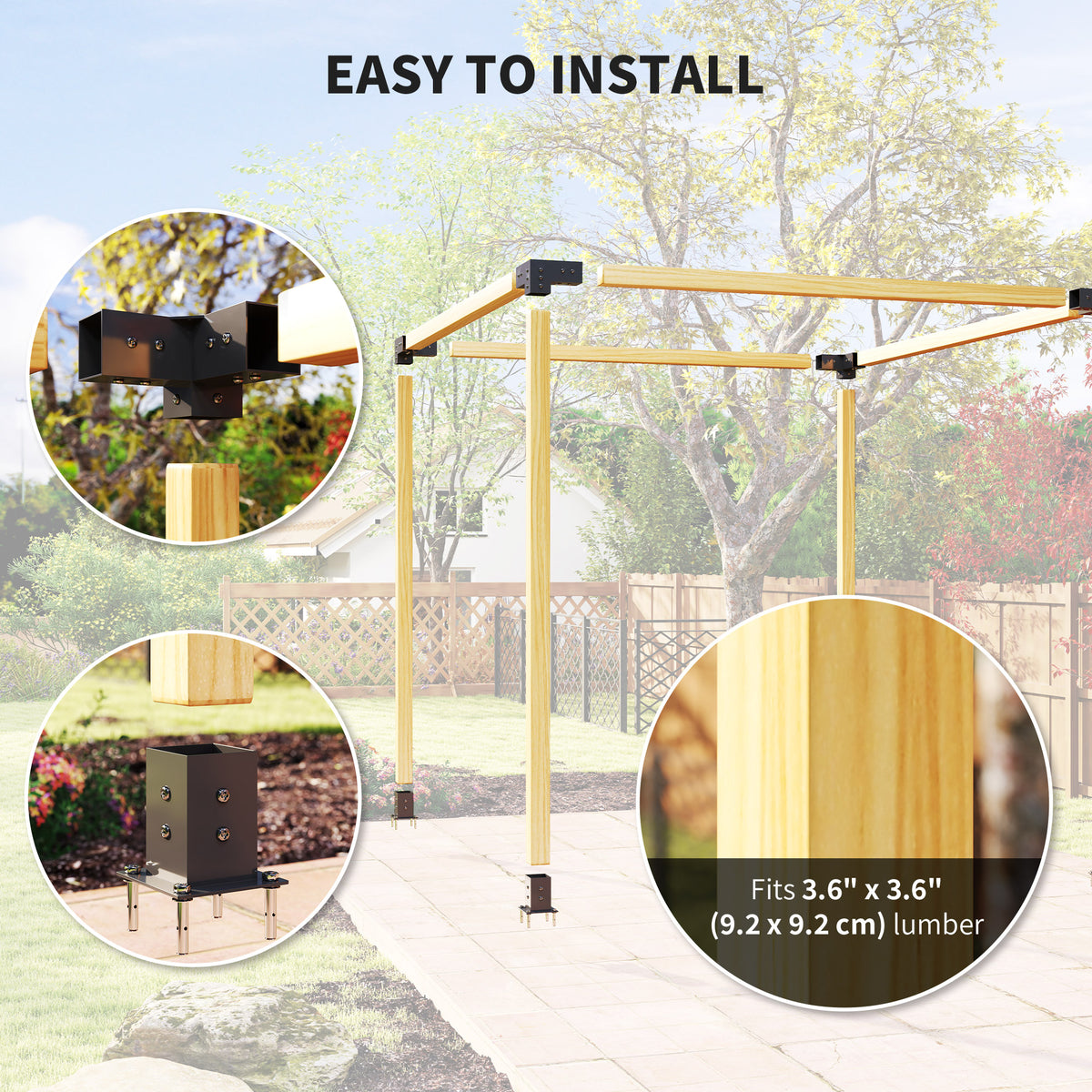 Outsunny Pergola Kit, DIY Pergola Brackets with 3-Way Pergola Corner Brackets and Post Base for 92mm Lumber