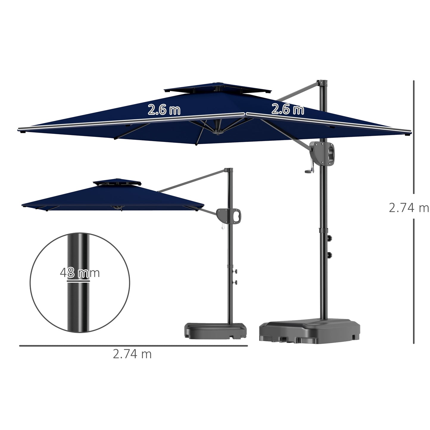 Parasol ogrodowy Outsunny Cantilever z obciążoną podstawą, podwójny, kwadratowy, wiszący parasol tarasowy, z korbką, ciemnoniebieski