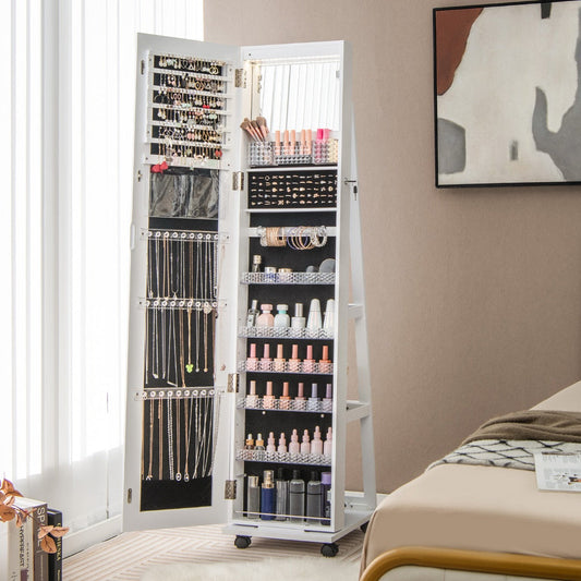 Lockable Jewelry Cabinet Armoire with Built-in Makeup Mirror and 3-Color LED Lights-White