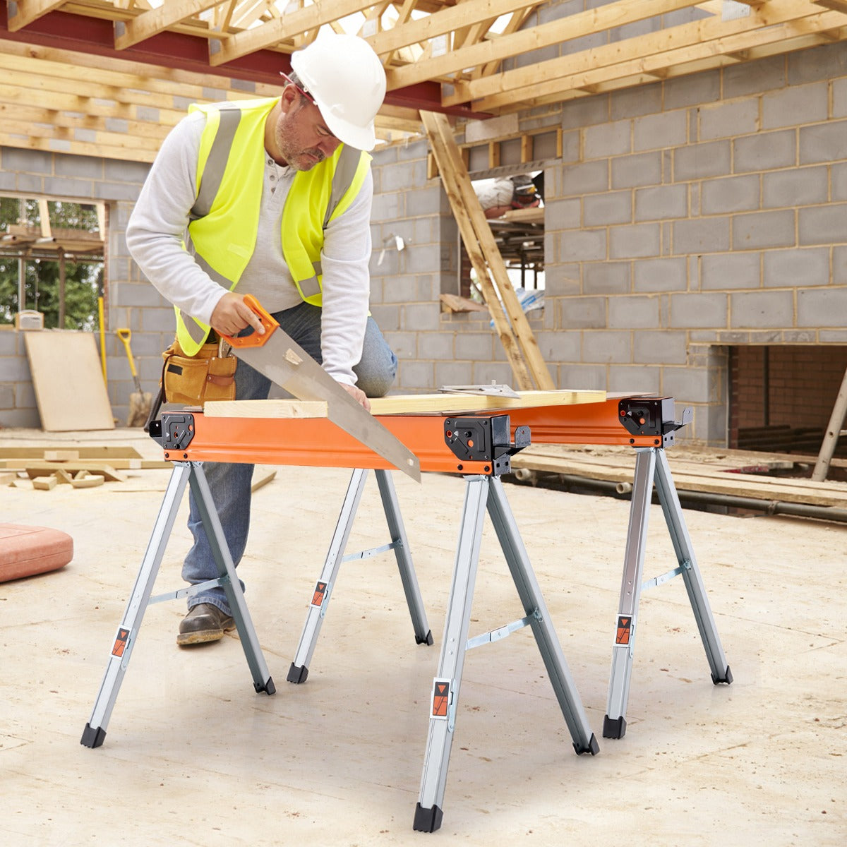 Set of 2 sawhorses, foldable, portable workhorses, load capacity up to 500 kg