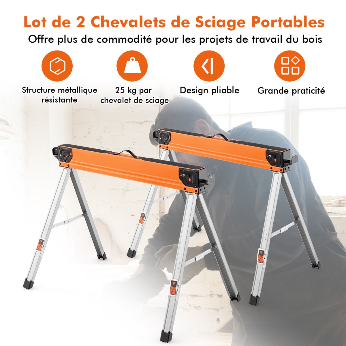 Set of 2 sawhorses, foldable, portable workhorses, load capacity up to 500 kg