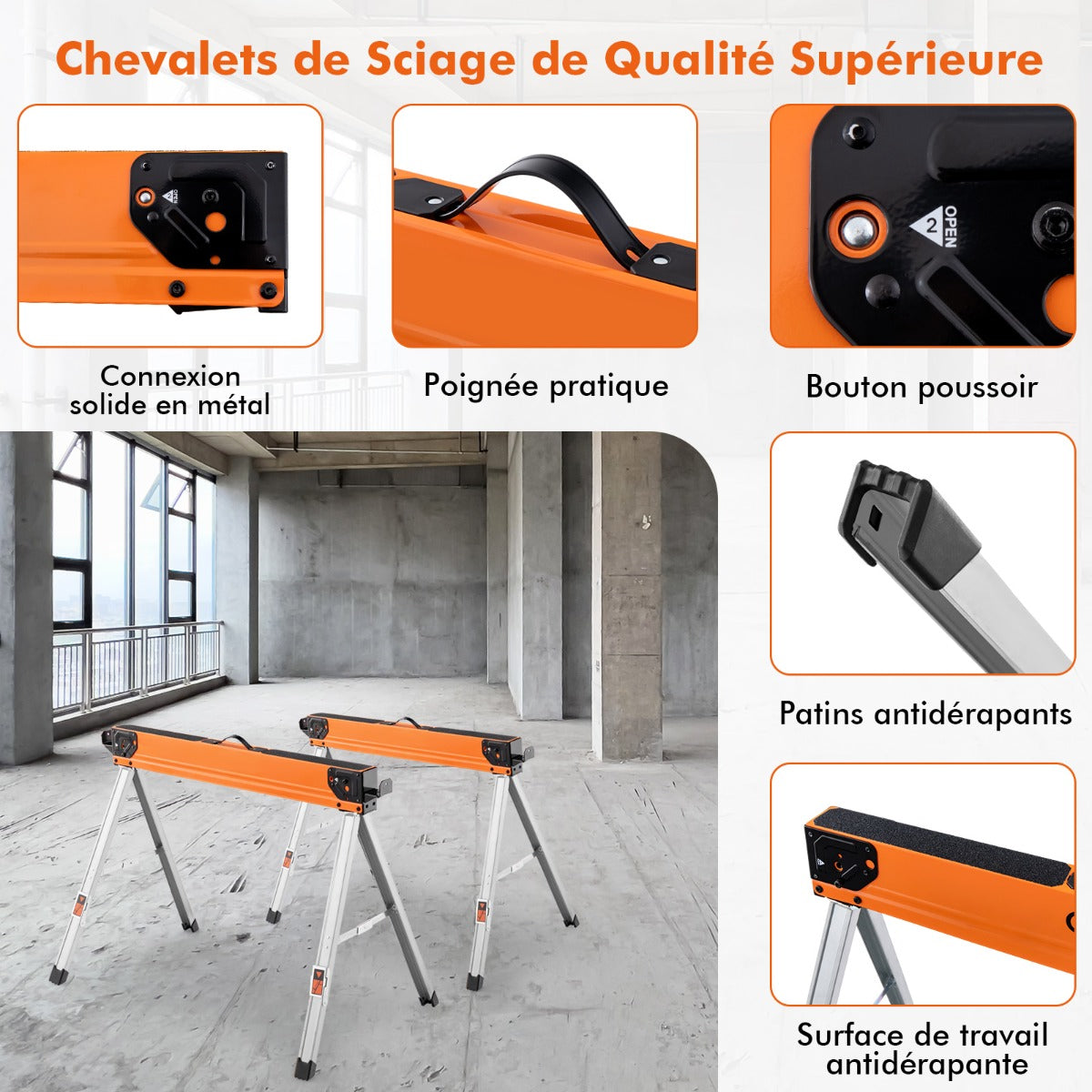 Set of 2 sawhorses, foldable, portable workhorses, load capacity up to 500 kg