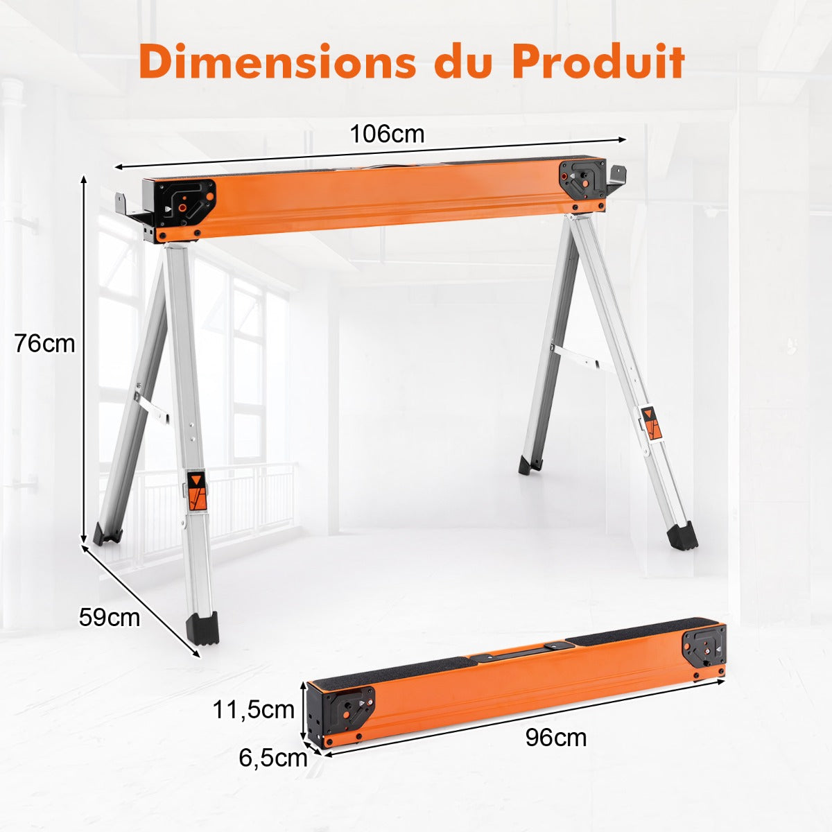 Set of 2 sawhorses, foldable, portable workhorses, load capacity up to 500 kg