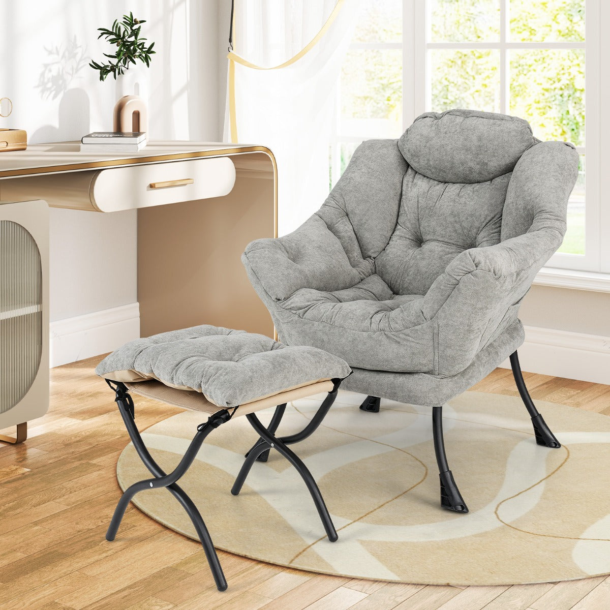 Oversized Sherpa Lounge Accent Chair with Folding Footrest and Side Pocket-Grey