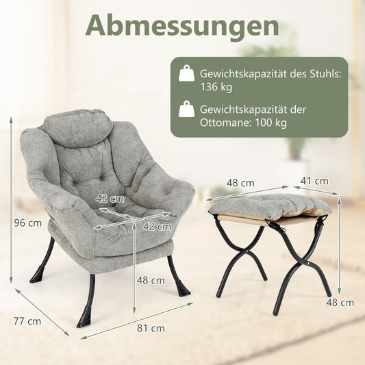 Oversized Sherpa Lounge Accent Chair with Folding Footrest and Side Pocket-Grey