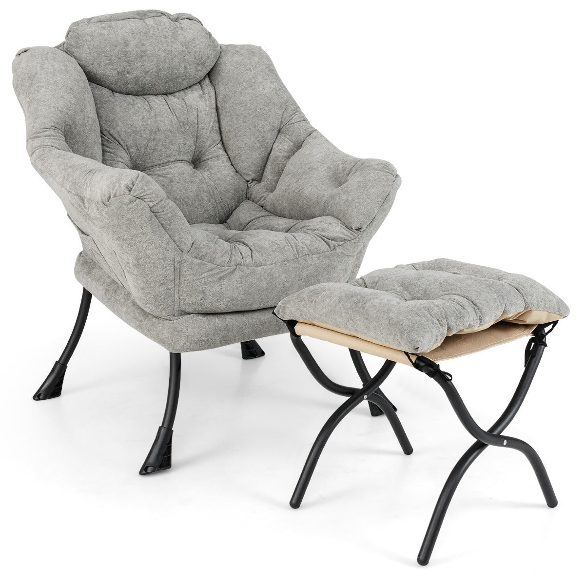 Oversized Sherpa Lounge Accent Chair with Folding Footrest and Side Pocket-Grey