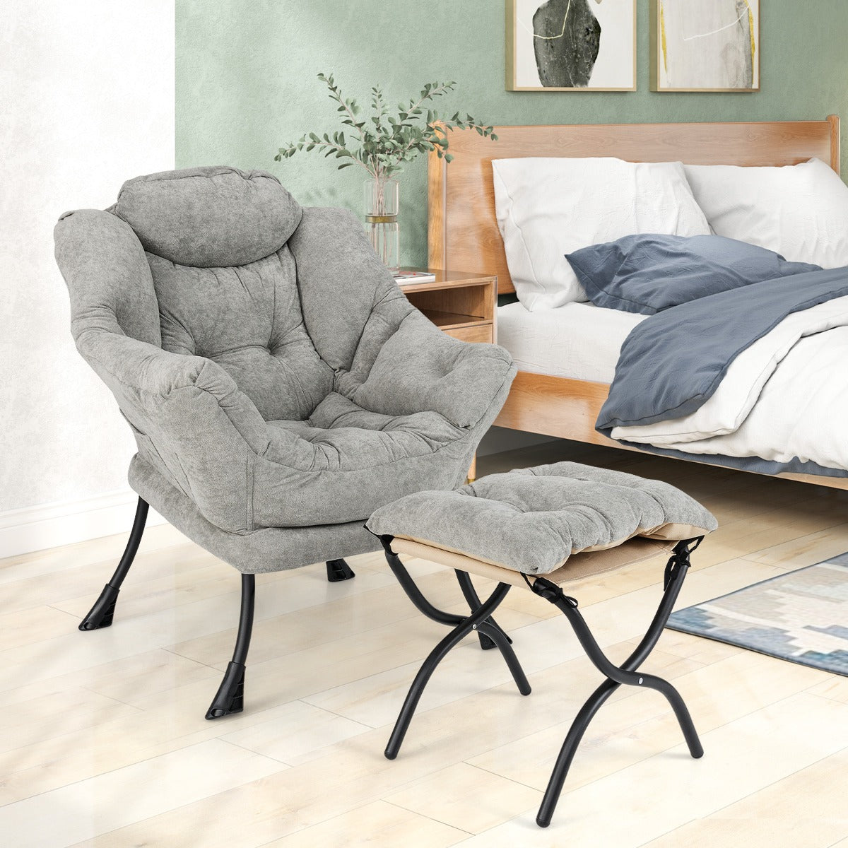 Oversized Sherpa Lounge Accent Chair with Folding Footrest and Side Pocket-Grey