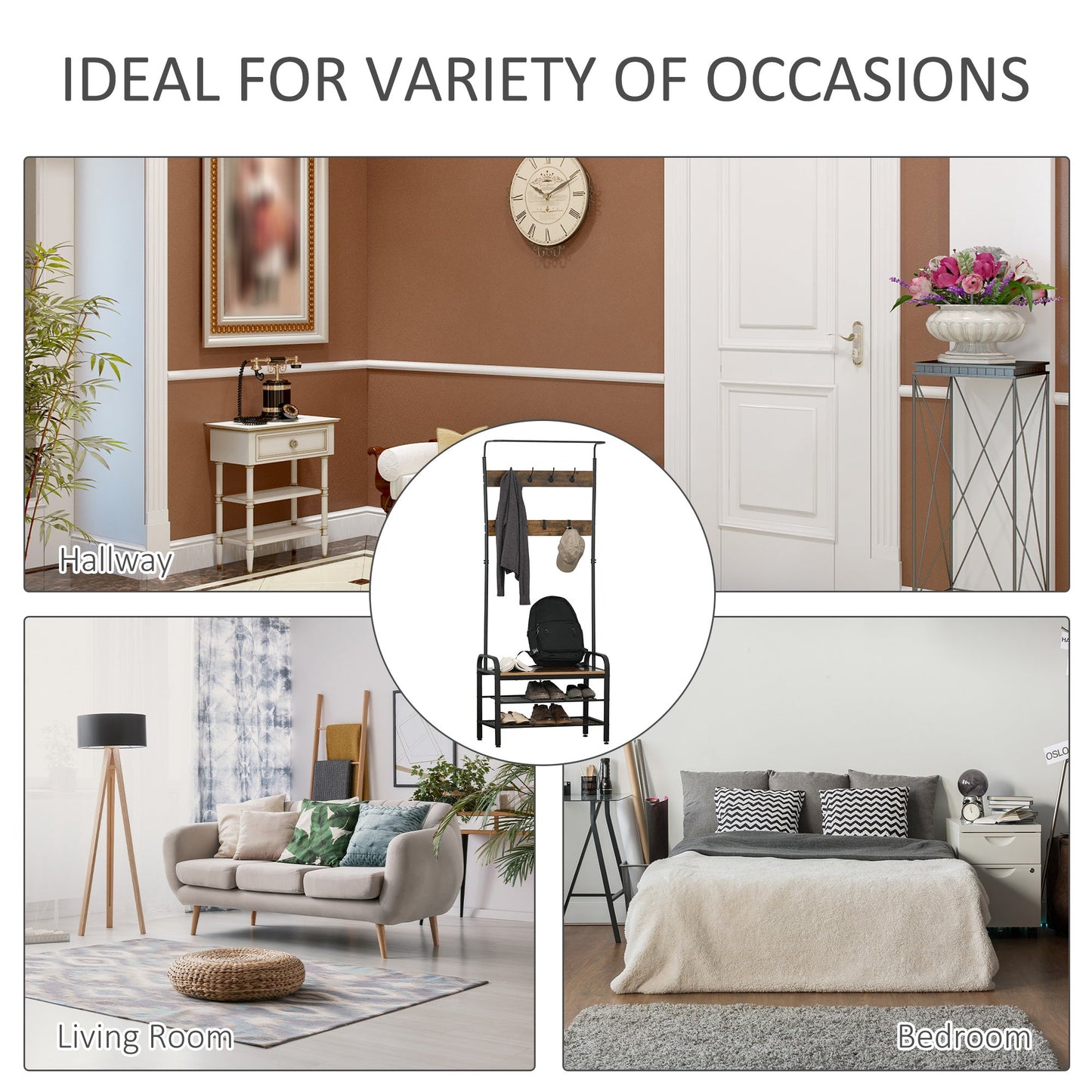 HOMCOM Coat Rack Stand Industrial hallway Shoe Rack Removable Hooks Metal Wood Hangers Storage Cabinet Rustic Brown 72L_34W_185H(cm)