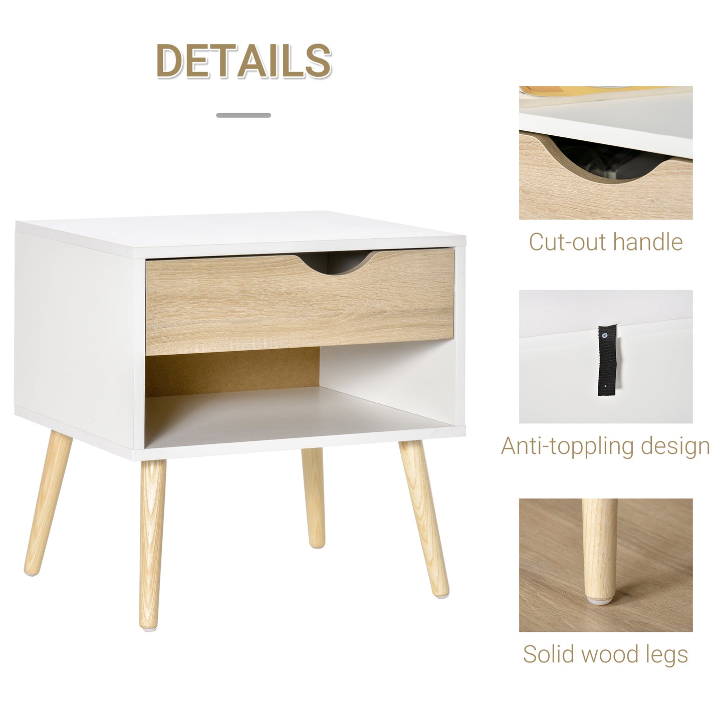 HOMCOM Bedside Table with Drawer and Shelf, Modern Nightstand, End Table for Bedroom, Living Room, White