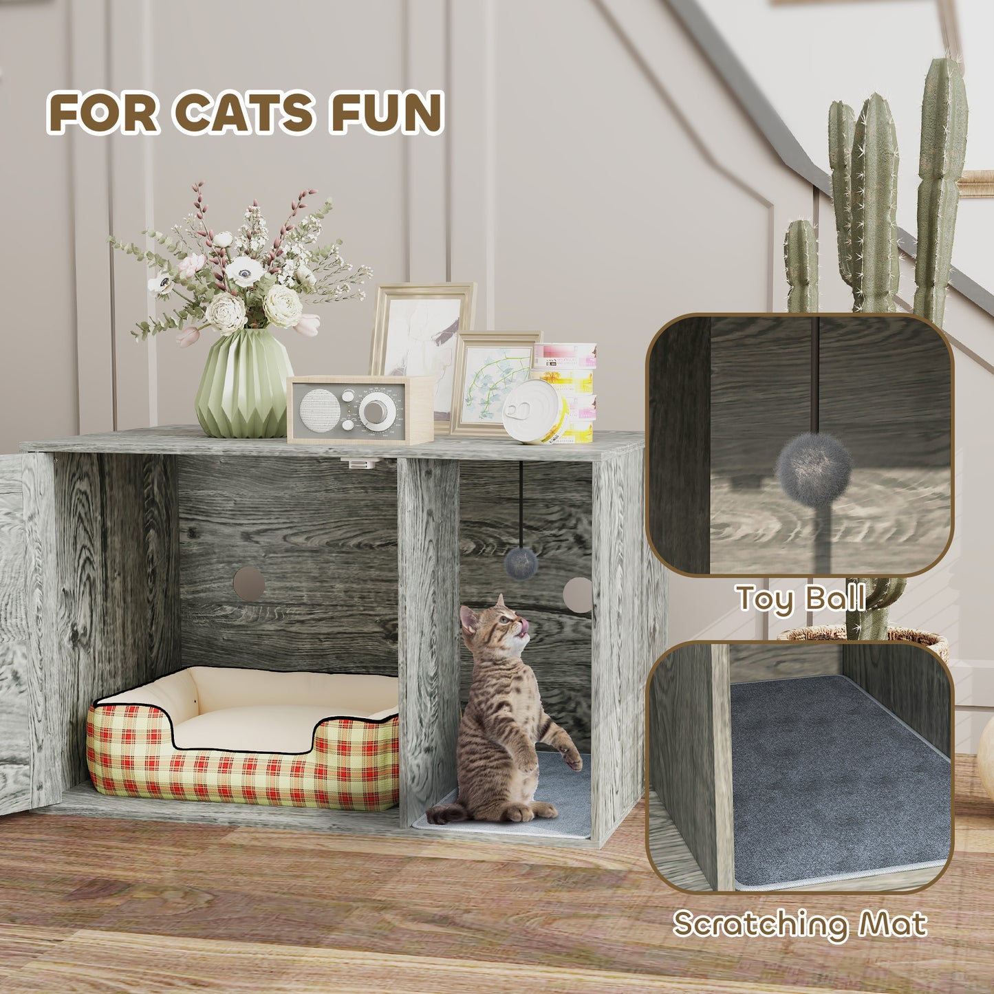 PawHut Cat Litter Box Enclosure z drzwiami rattanowymi, matą do drapania, piłką do zabawy, antypoślizgowymi podkładkami pod stopy, szary