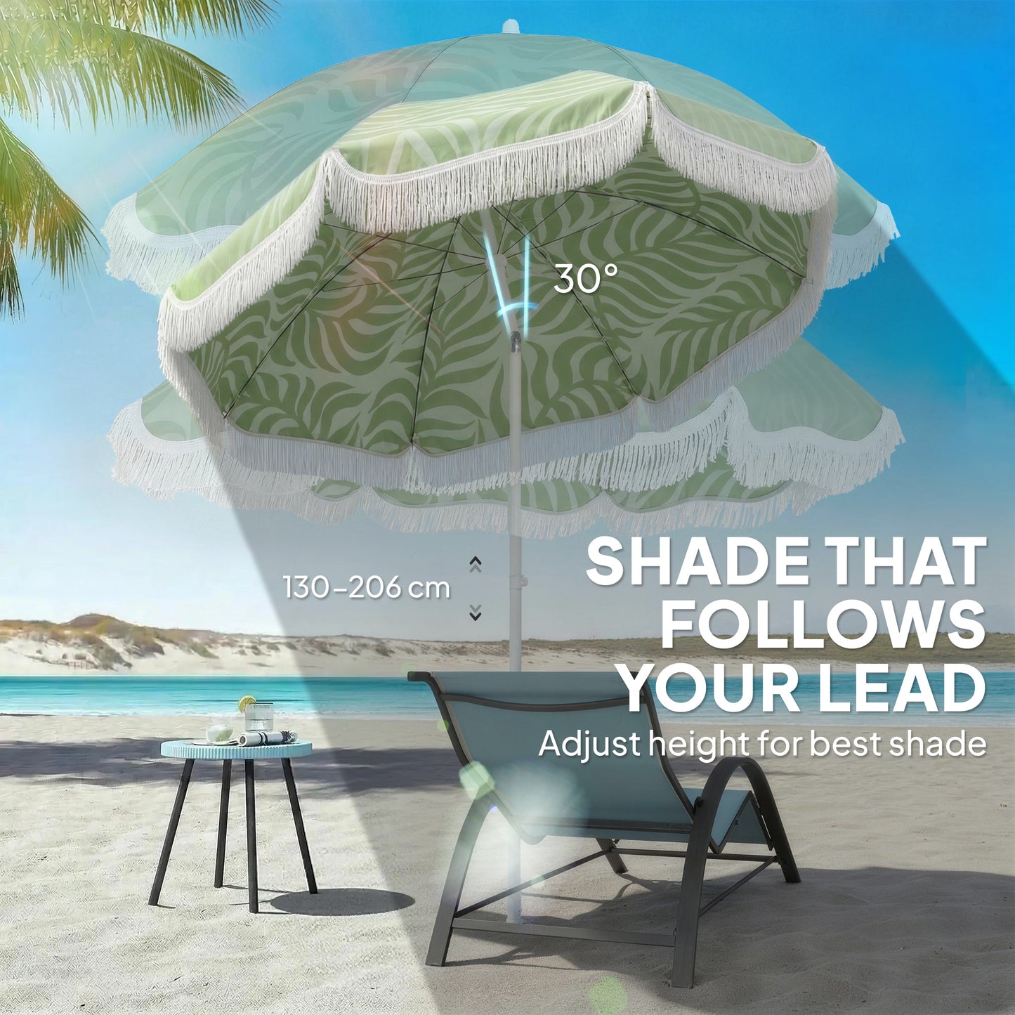 Outsunny 1.8 m Beach Umbrella Parasol with Sand Anchor, Portable Tilting Garden Parasol with Adjustable Height, Green