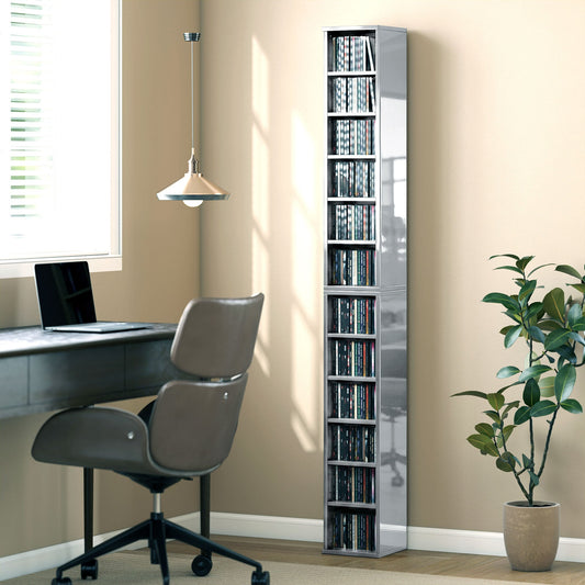 HOMCOM Set of 2 CD Media Display Shelf Unit Tower Rack with Adjustable Shelves, High Gloss Grey
