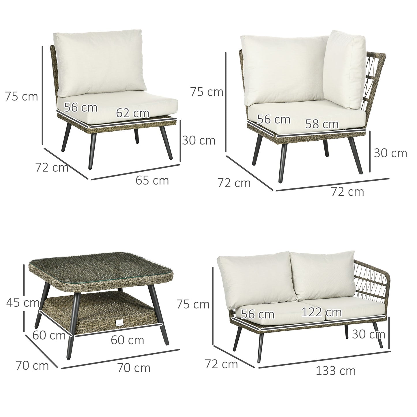 Outsunny 5-częściowa narożna sofa ogrodowa z rattanu, okrągła i podwójna, półokrągła, pleciona, rattanowa, meble ogrodowe z grubymi, wyściełanymi poduszkami i blatem ze szkła hartowanego, dwupoziomowy stół, szary