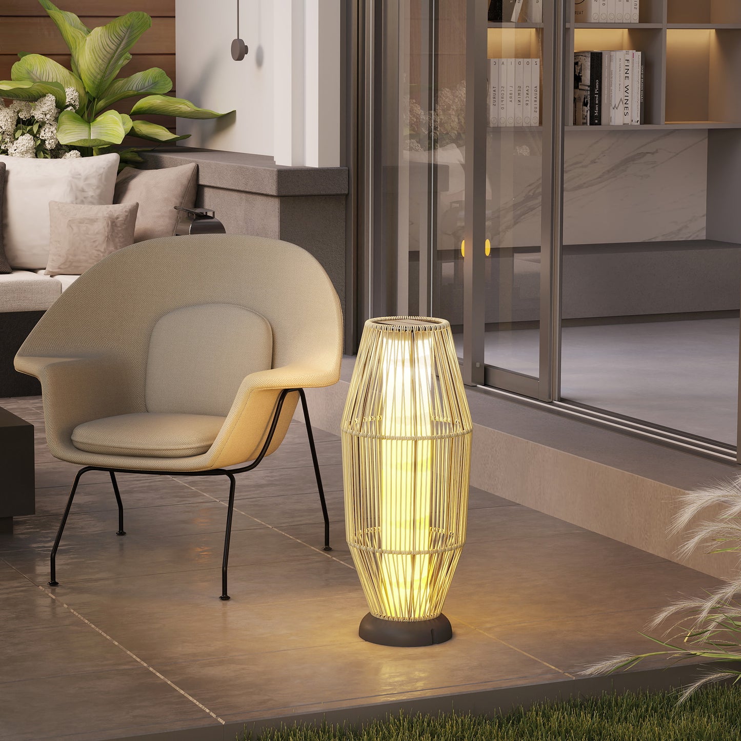 Outsunny Garden Rattan Lamp, 72 cm Wysoka Solarna Lampa Podłogowa Rattanowa, Solarna Lampa Ogrodowa z Automatycznym Włączaniem/Wyłączaniem LED, IP44 Do Zewnątrz, Weranda, Ścieżka, Taras, Szary
