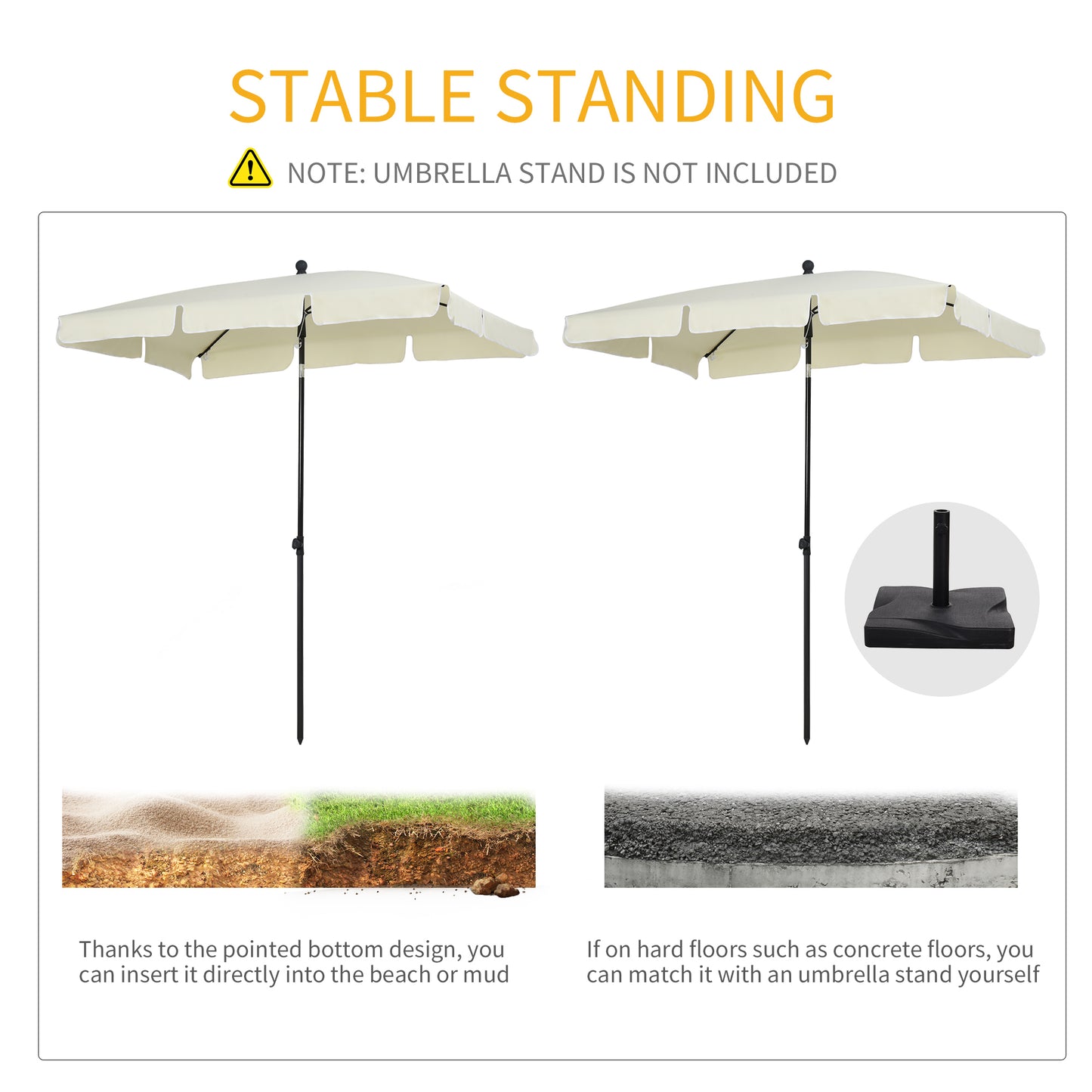 Outsunny 2 x 1,3 m Parasol ogrodowy, parasol ogrodowy na targowisko z falbankami i aluminiowym drążkiem, prostokątny, uchylny daszek przeciwsłoneczny, kremowo-biały