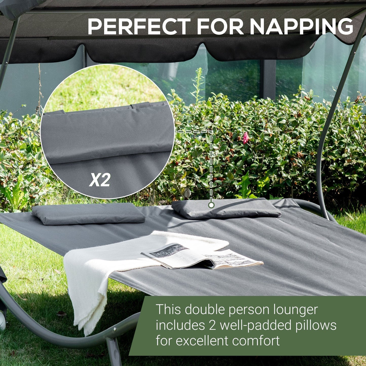 Outsunny Double Sun Lounger with Adjustable Detachable Canopy, Portable Garden Daybed for 2 with Wheels, Outdoor Sunbed Hammock with 2 Pillows, 220 KG Max. Load, Grey